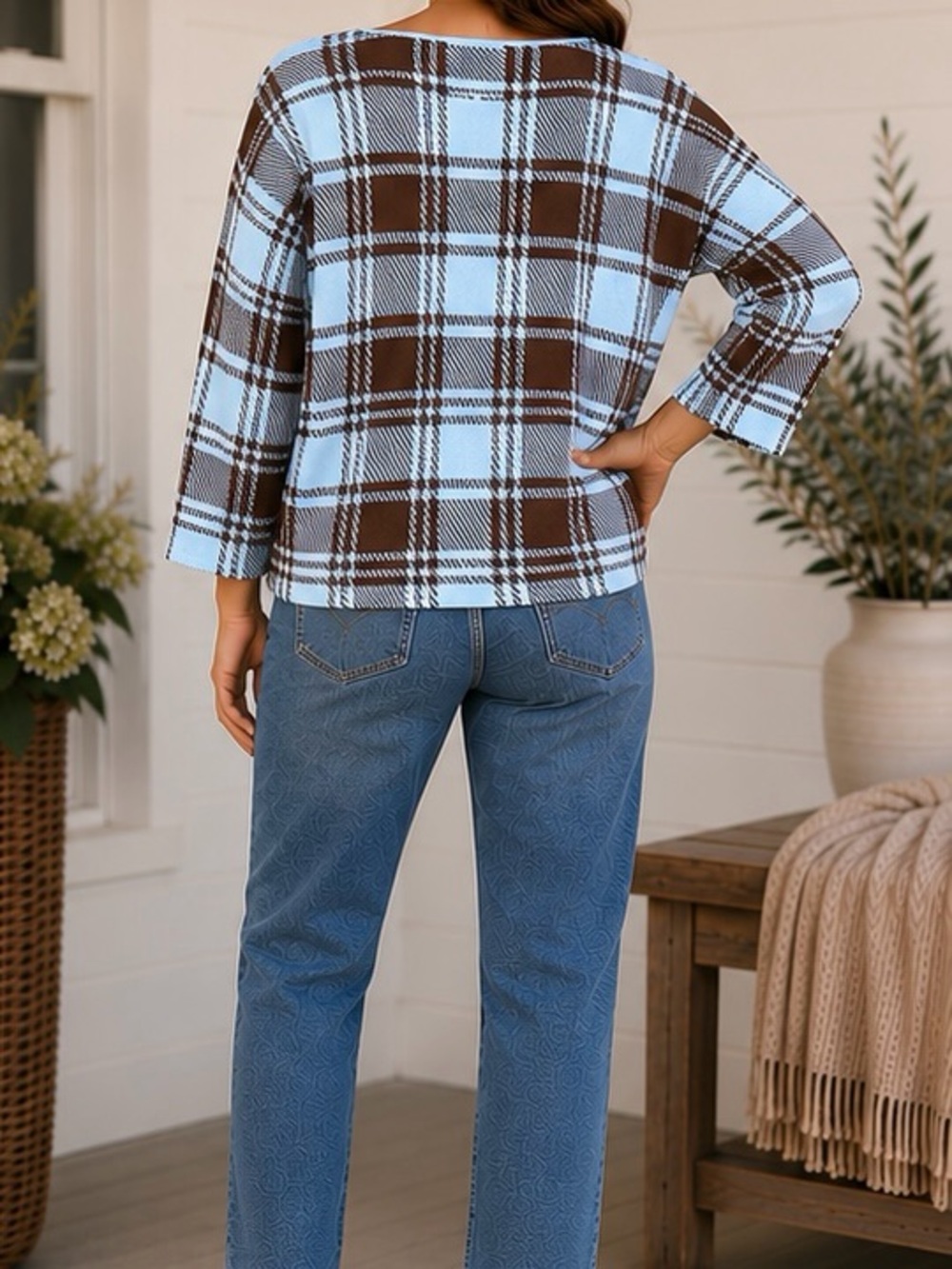Adrienne Vittadini Plaid 3/4 Sleeve Soft Knit Sweater - Blue/Brown Sz M - Picture 2 of 5